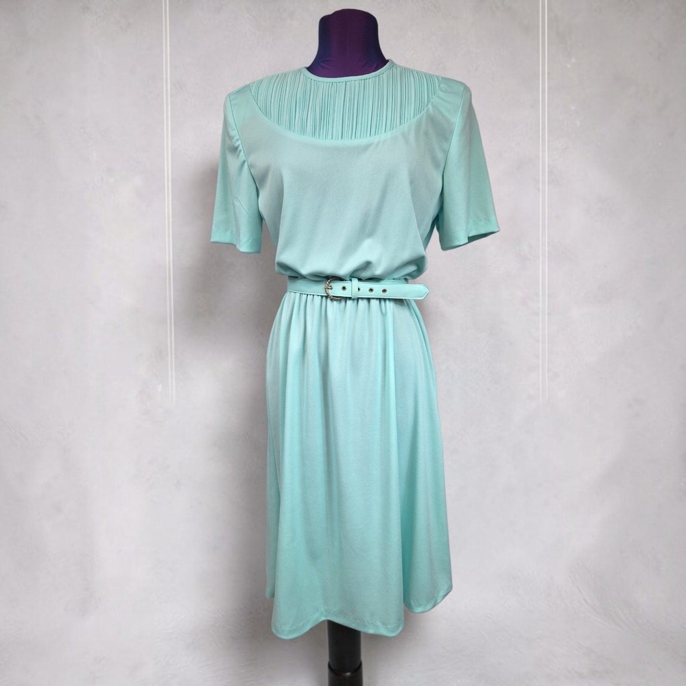 Lady Blair 70s French Mint Pleated Yoke Belted Midi Dress 12P Vintage
